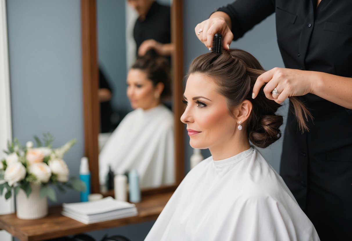 A hairstylist carefully styling hair for a wedding party
