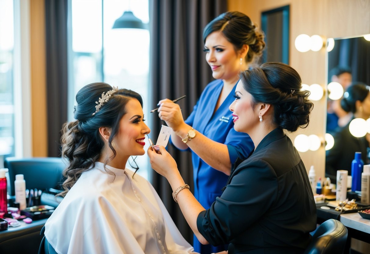 A bridesmaid sits in a chair while a hairstylist and makeup artist work on her. She hands over a tip to show her appreciation