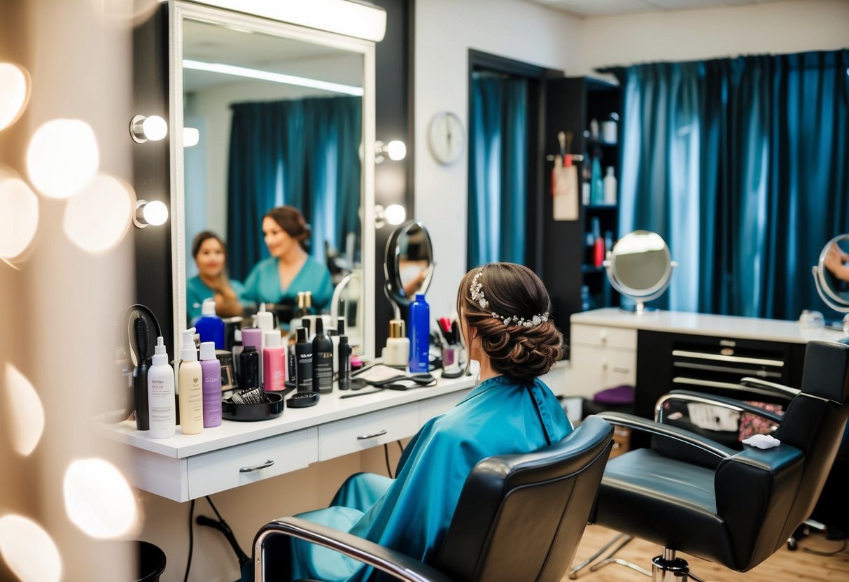 A hairstylist's station with various hair products and tools, a mirror, and a comfortable chair for the bridesmaid