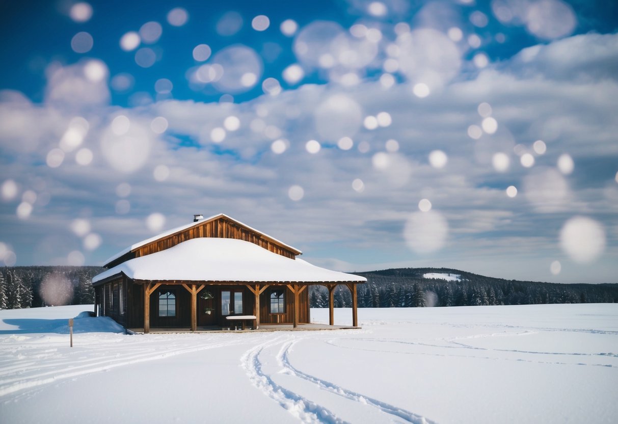 A snowy landscape with a rustic, empty wedding venue in January