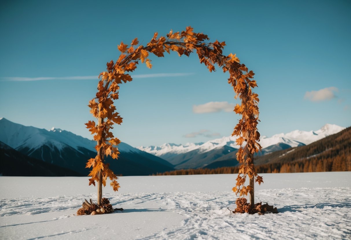 A solitary wedding arch adorned with autumn leaves, set against a backdrop of snow-capped mountains under a crisp blue sky