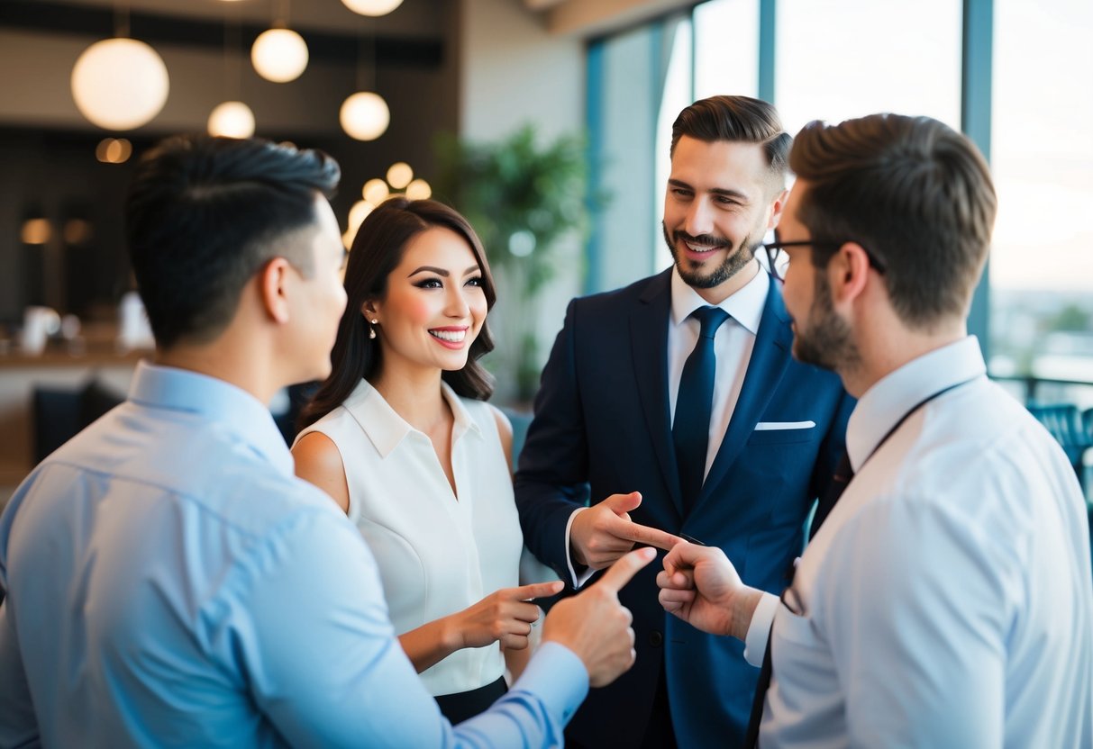 A couple negotiating with a venue manager, pointing to various features and discussing pricing options
