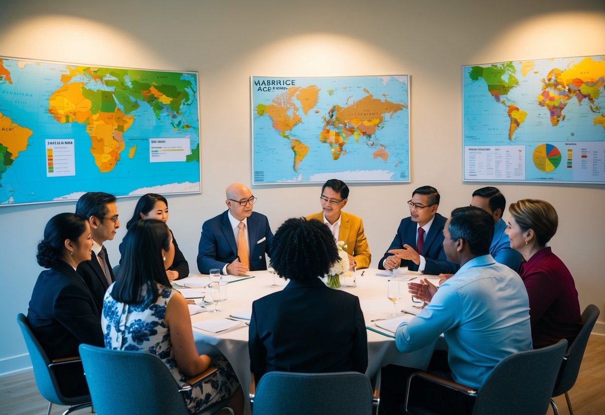 A group of people from different cultures gathered around a table, discussing marriage customs and traditions. Maps and charts depicting marriage ages are displayed on the walls