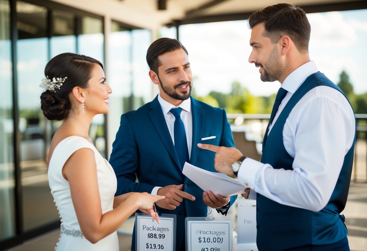 A couple discussing wedding venue prices with a sales representative, pointing to different packages and asking about potential discounts