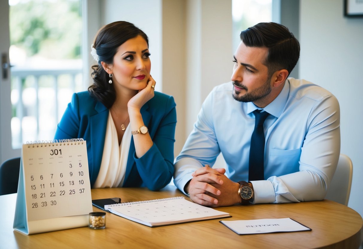 A couple sitting at a table with a calendar, surrounded by wedding-related items. The woman looks contemplative while the man appears thoughtful