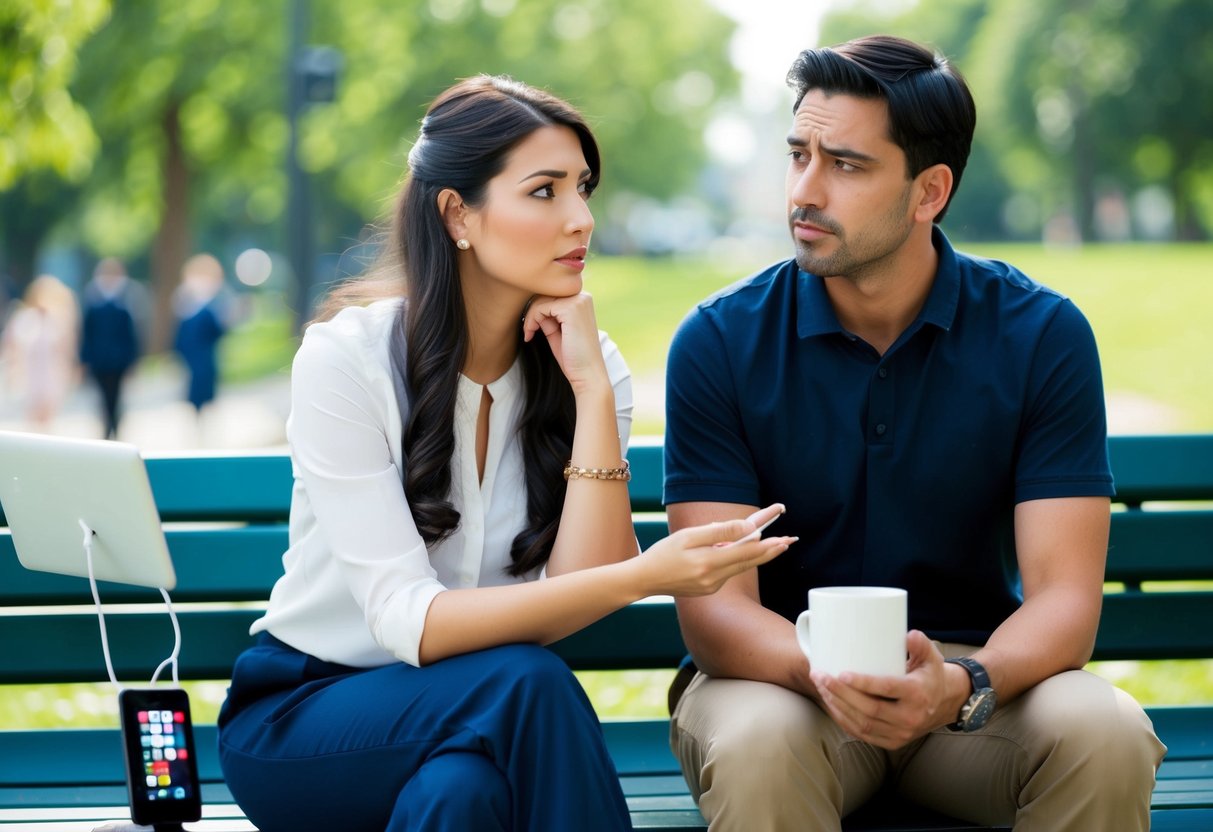 A couple sitting on a park bench, surrounded by modern technology and discussing marriage. The woman appears contemplative while the man looks uncertain