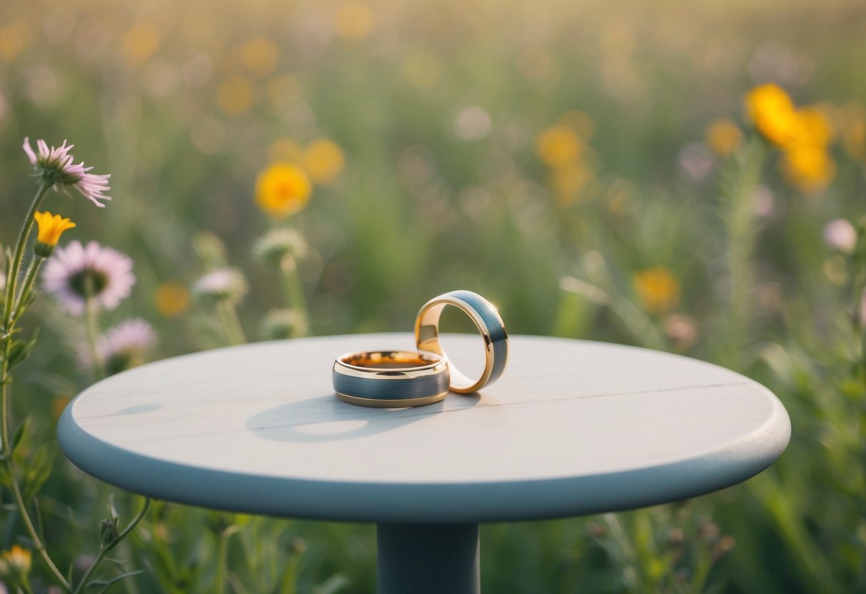 A serene outdoor setting with two intertwined rings on a simple wooden table, surrounded by wildflowers and a gentle breeze