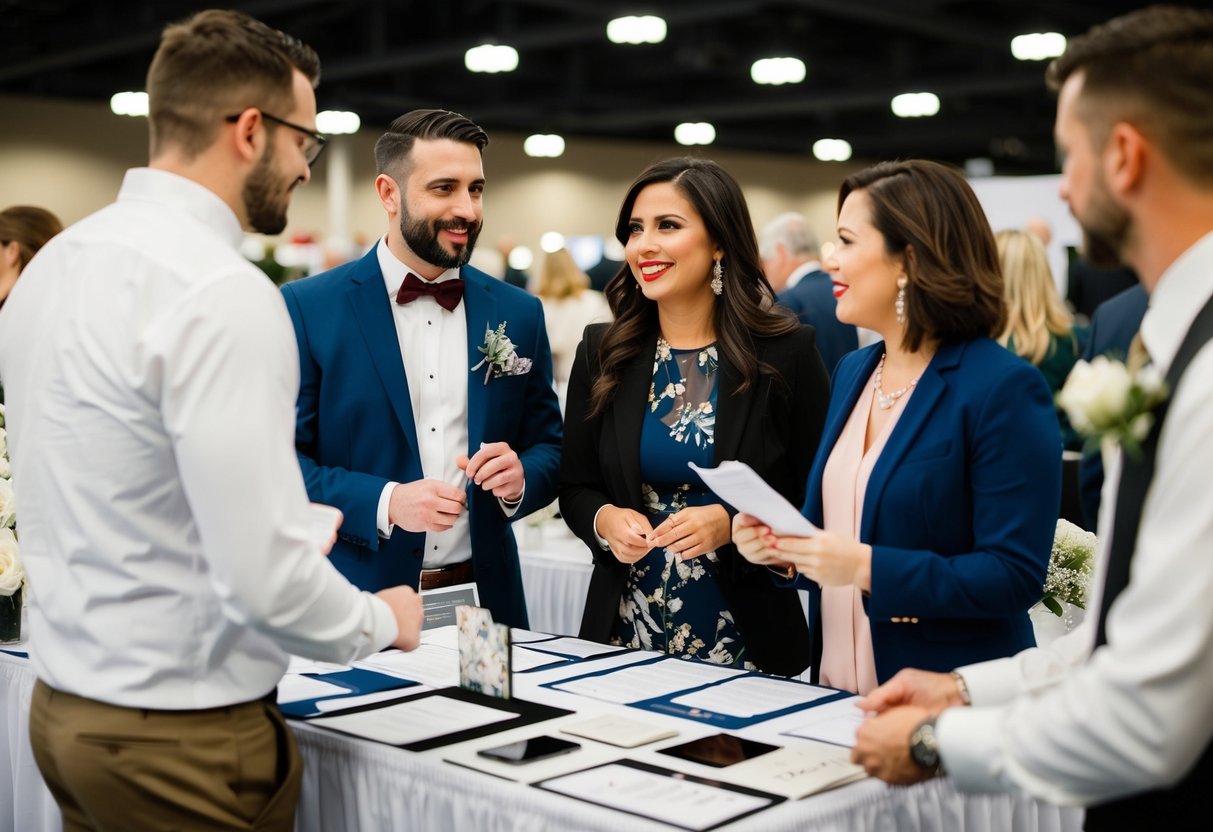 A couple and several vendors discussing details at a wedding expo booth