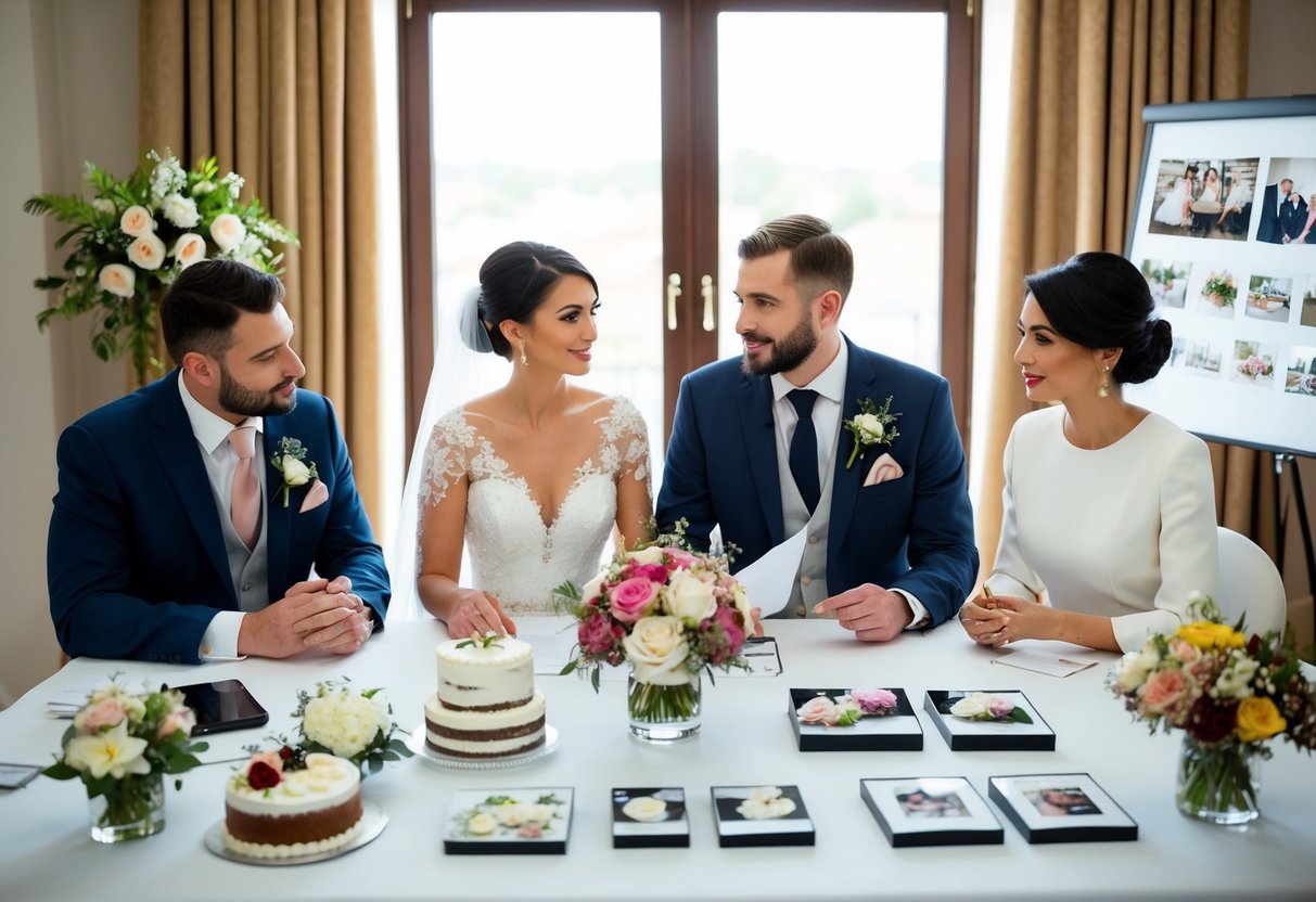 A bride and groom sit at a table with various wedding suppliers, discussing terms and prices. Flowers, cakes, and photography samples are displayed