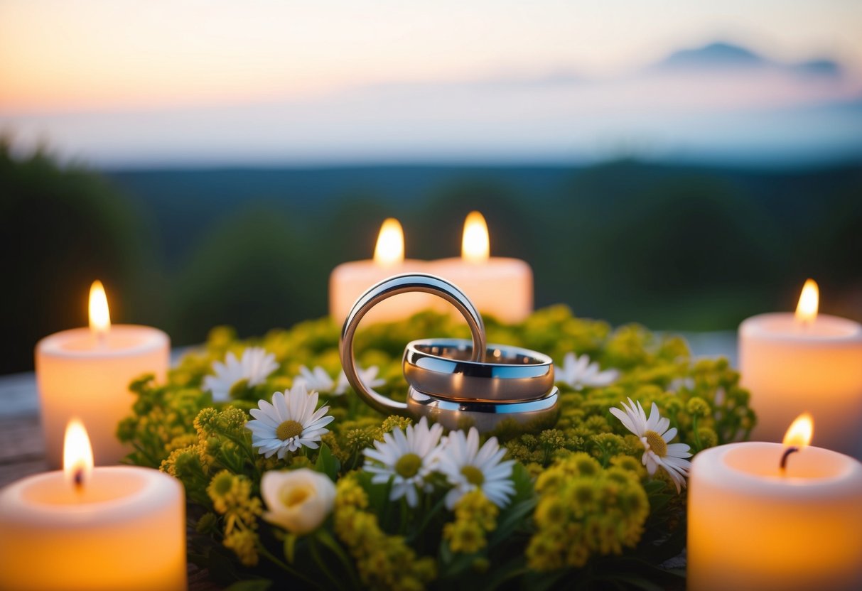 A serene outdoor setting with two intertwined rings resting on a bed of fresh flowers, surrounded by flickering candles
