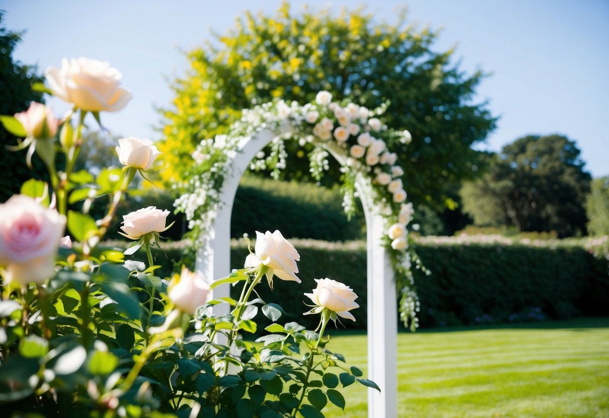 A sunny garden with blooming roses and a white wedding arch adorned with delicate flowers. A soft breeze carries the scent of fresh greenery