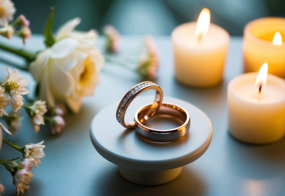 A serene setting with two intertwining rings on a small table, surrounded by delicate flowers and candles