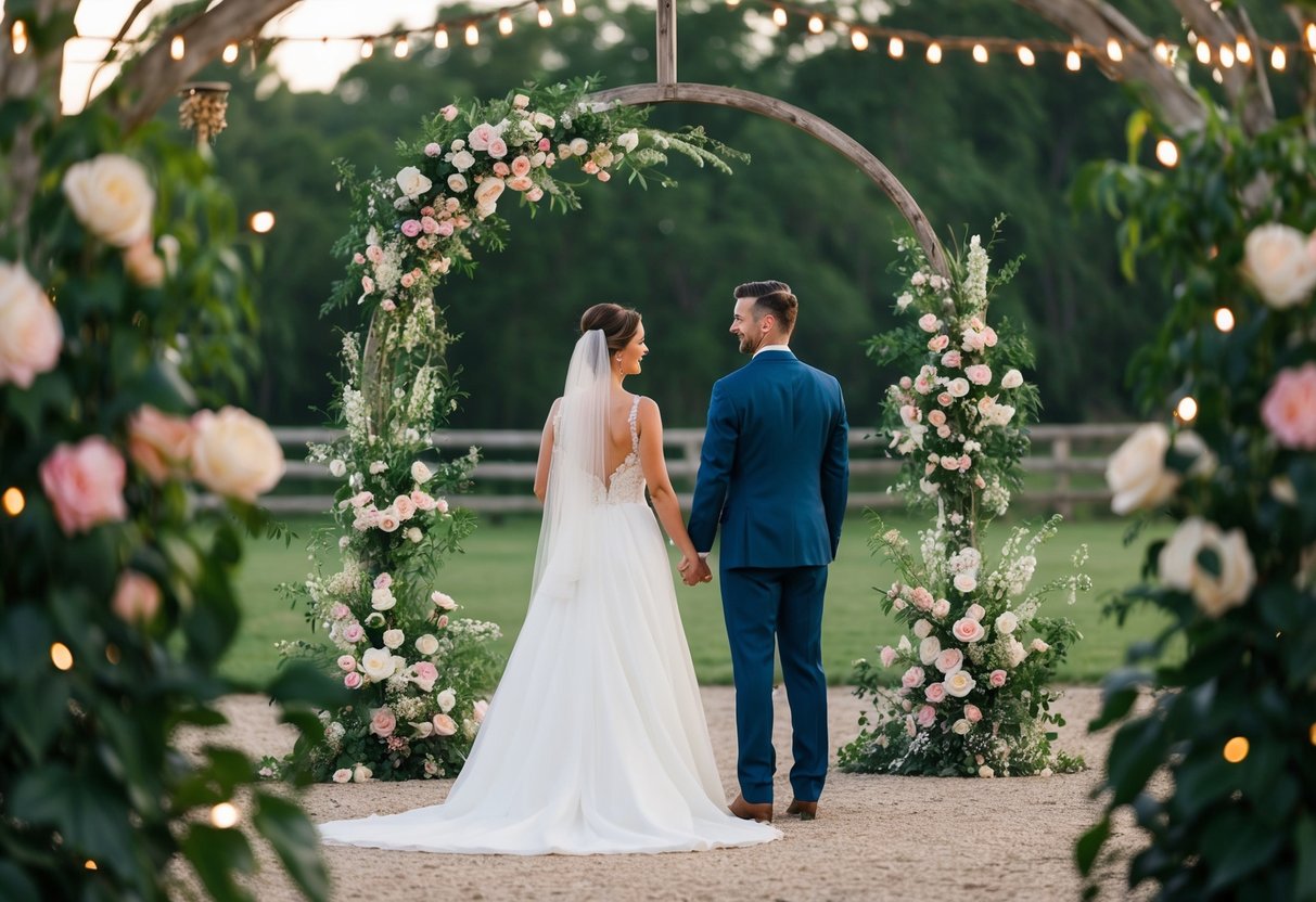 A bride and groom stand facing each other under a rustic archway, surrounded by blooming flowers and twinkling lights