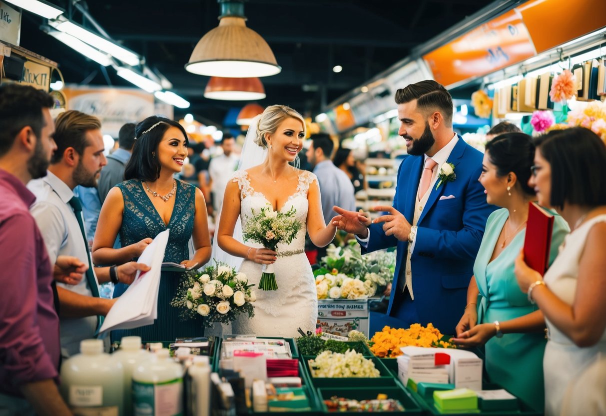 A bride and groom discussing with various wedding suppliers, exchanging ideas and haggling over prices in a vibrant and bustling marketplace setting