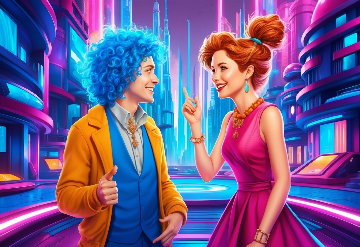 An Aquarius and Gemini enjoying a lively conversation in a vibrant, futuristic cityscape