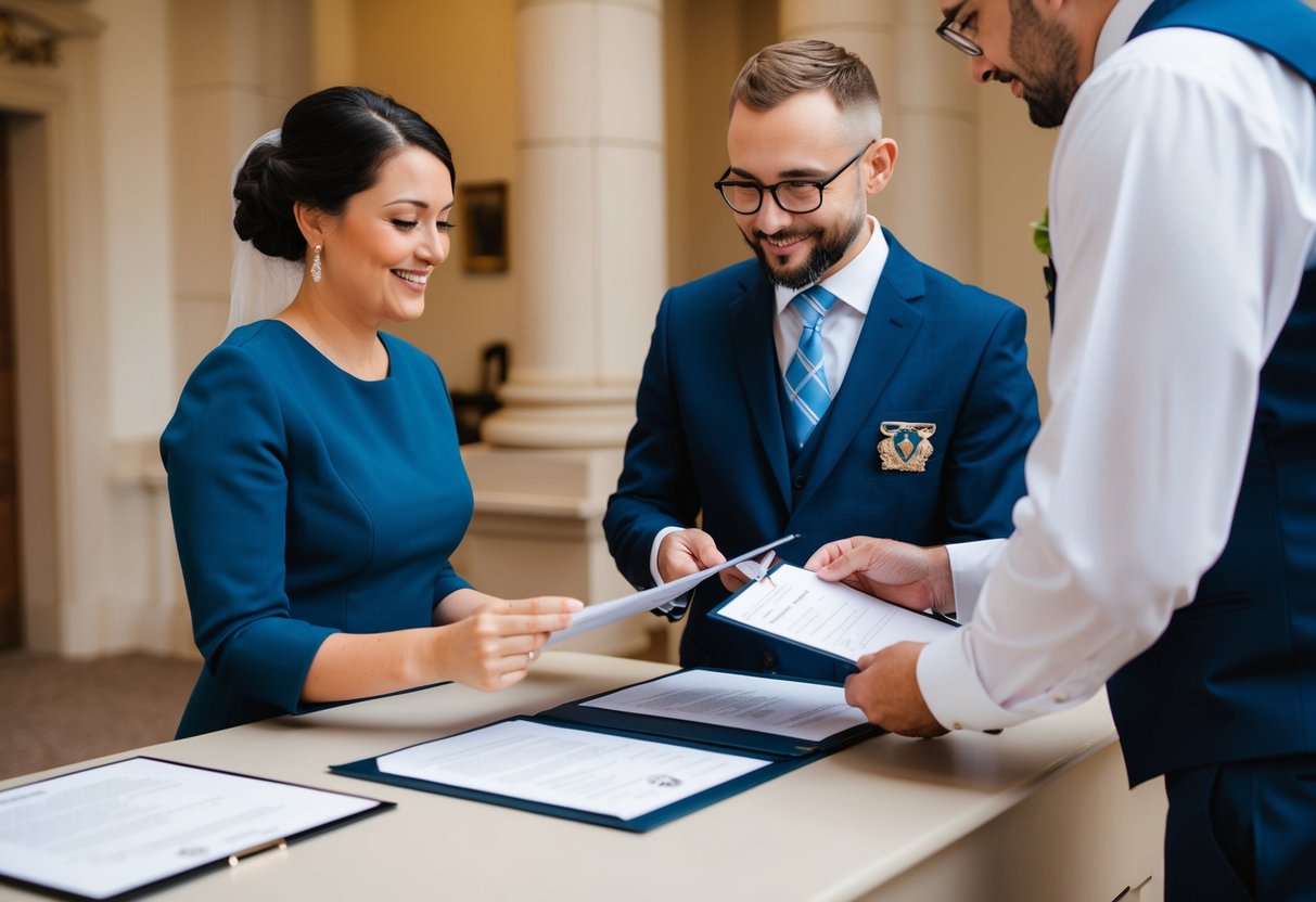 A couple presents documents to a registrar, who checks their identification before a marriage ceremony