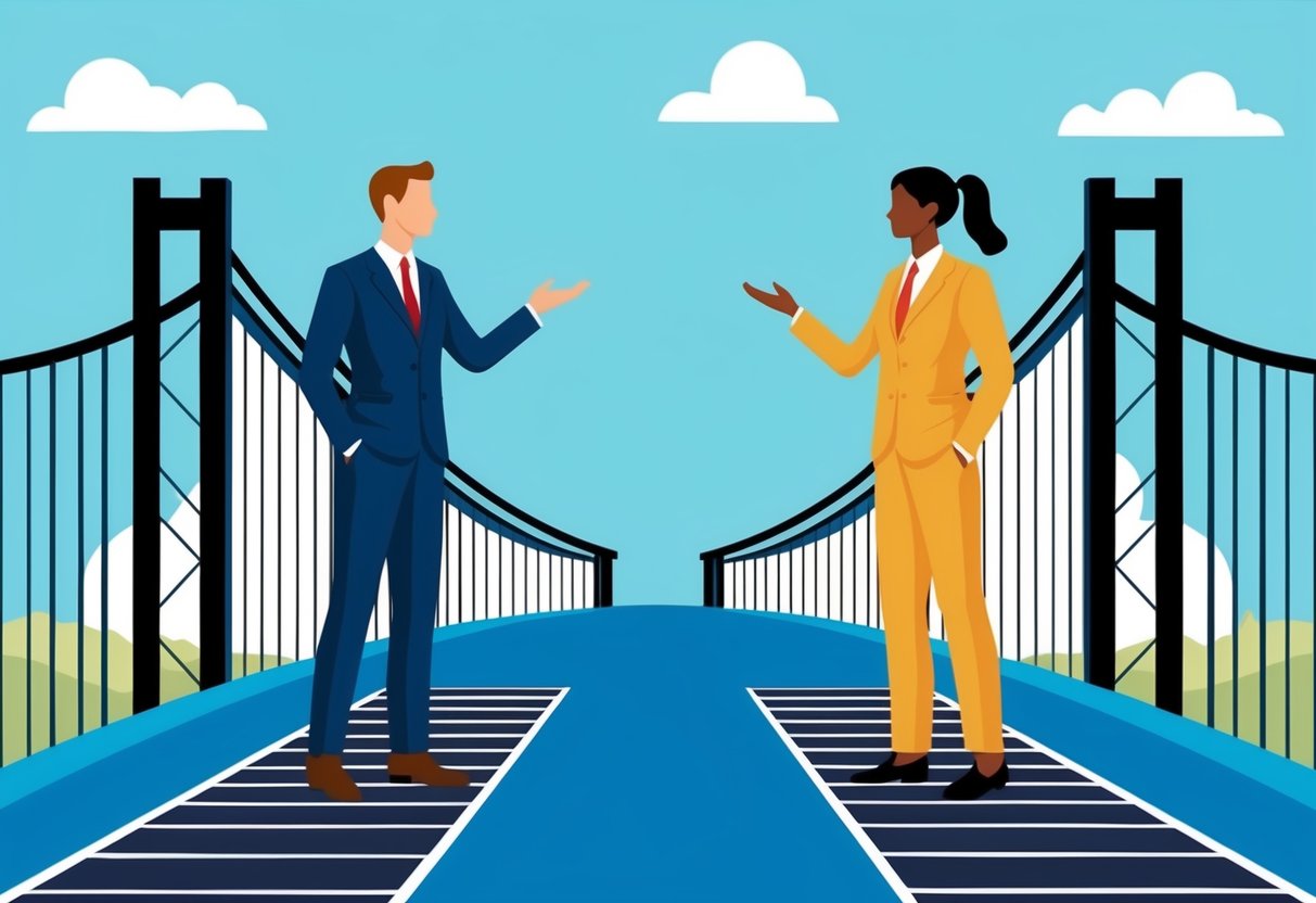 Two figures stand on opposite sides of a bridge, representing the challenges and growth opportunities in the Aquarius and Gemini compatibility