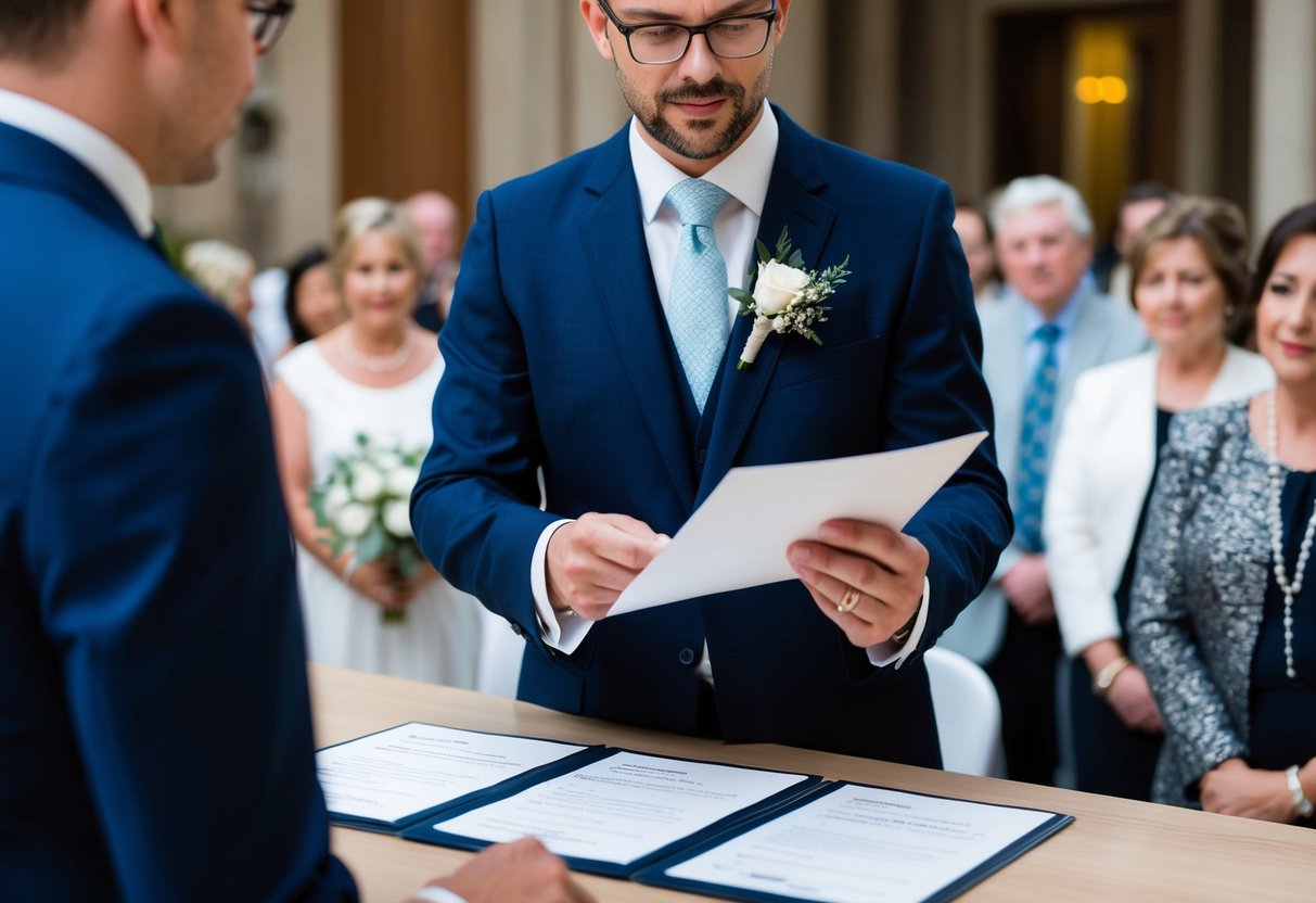 The registrar checks documents and asks about witnesses and any last-minute changes before the wedding day