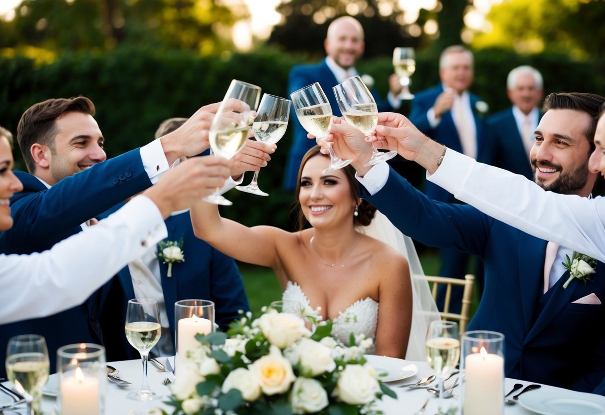 Guests raise glasses, clinking and toasting. A couple smiles, surrounded by well-wishers. Flowers and candles adorn the tables
