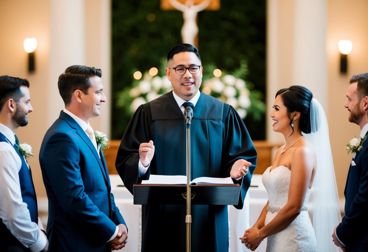 An officiant stands at the altar, speaking with confidence and warmth as they lead a wedding ceremony. The couple looks on, exchanging vows and rings