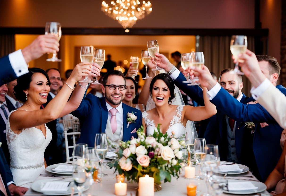 Guests raise glasses, clink, and cheer as the newlyweds smile and embrace. Flowers and candles adorn the tables, creating a warm and romantic atmosphere