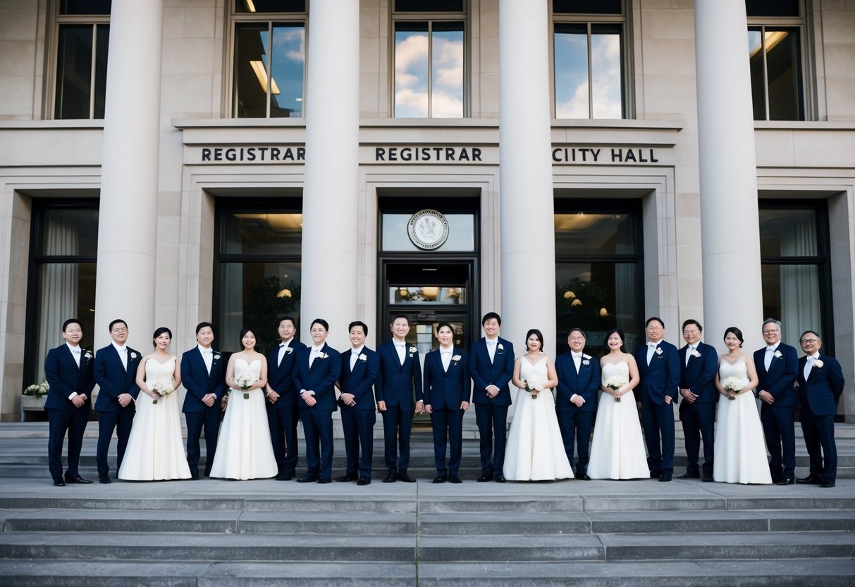A formal wedding scene with guests in elegant attire, standing in front of a registrar's office or city hall