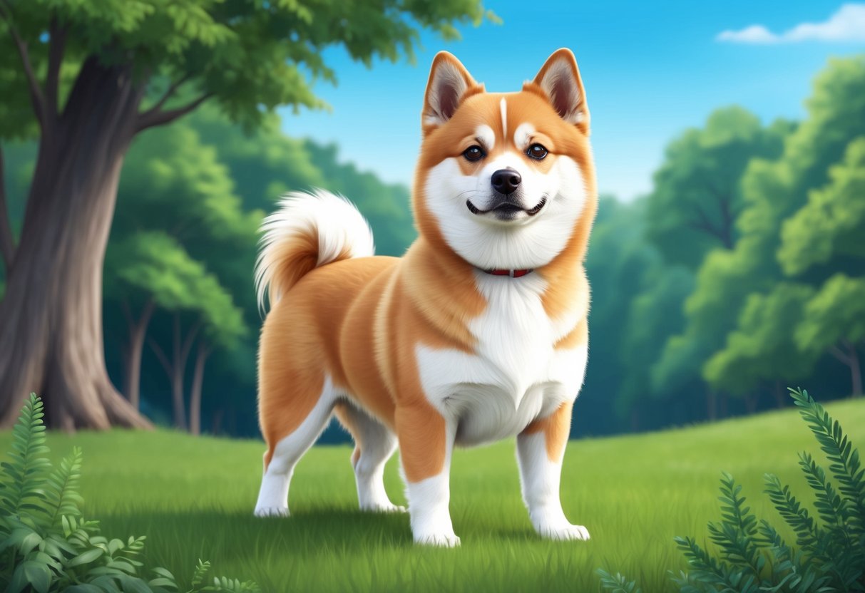 A Kishu Ken dog standing proudly in a serene natural setting, with a lush forest in the background and a clear blue sky above