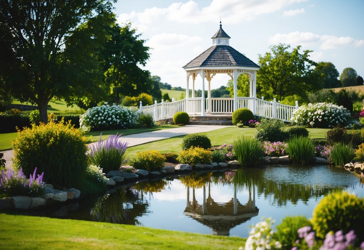 A picturesque countryside setting with a charming gazebo, flower-filled garden, and a serene pond, creating a romantic backdrop for a wedding ceremony