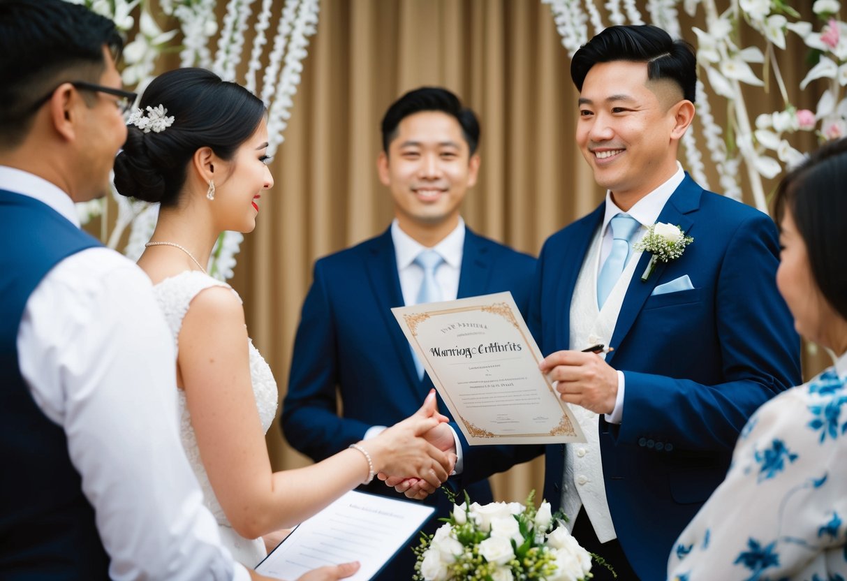 A person standing in front of a couple, holding a marriage certificate and a pen, with a decorative backdrop and witnesses nearby