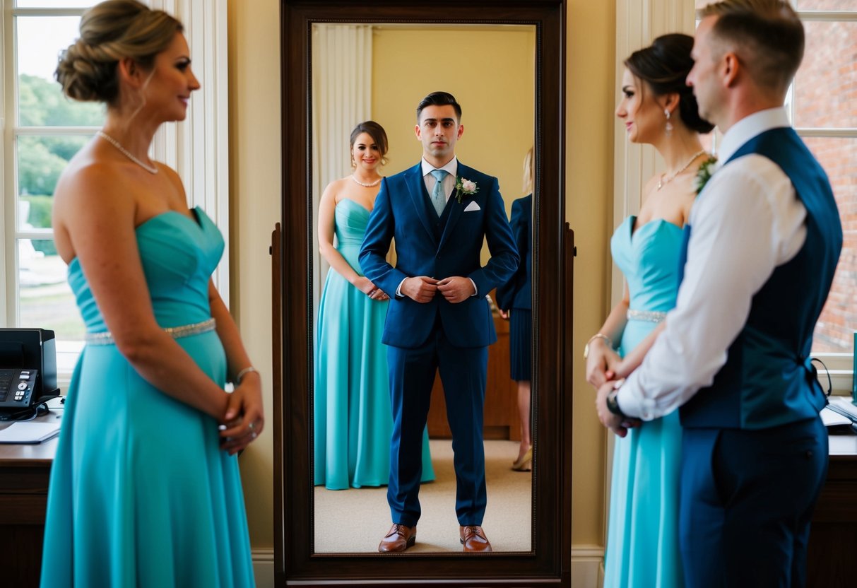 A figure standing in front of a mirror, trying on different outfits for a wedding ceremony at a registrar's office