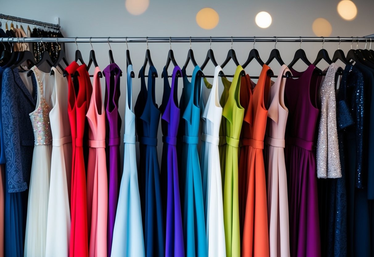 A rack of elegant dresses and suits in various colors and styles, with accessories displayed nearby