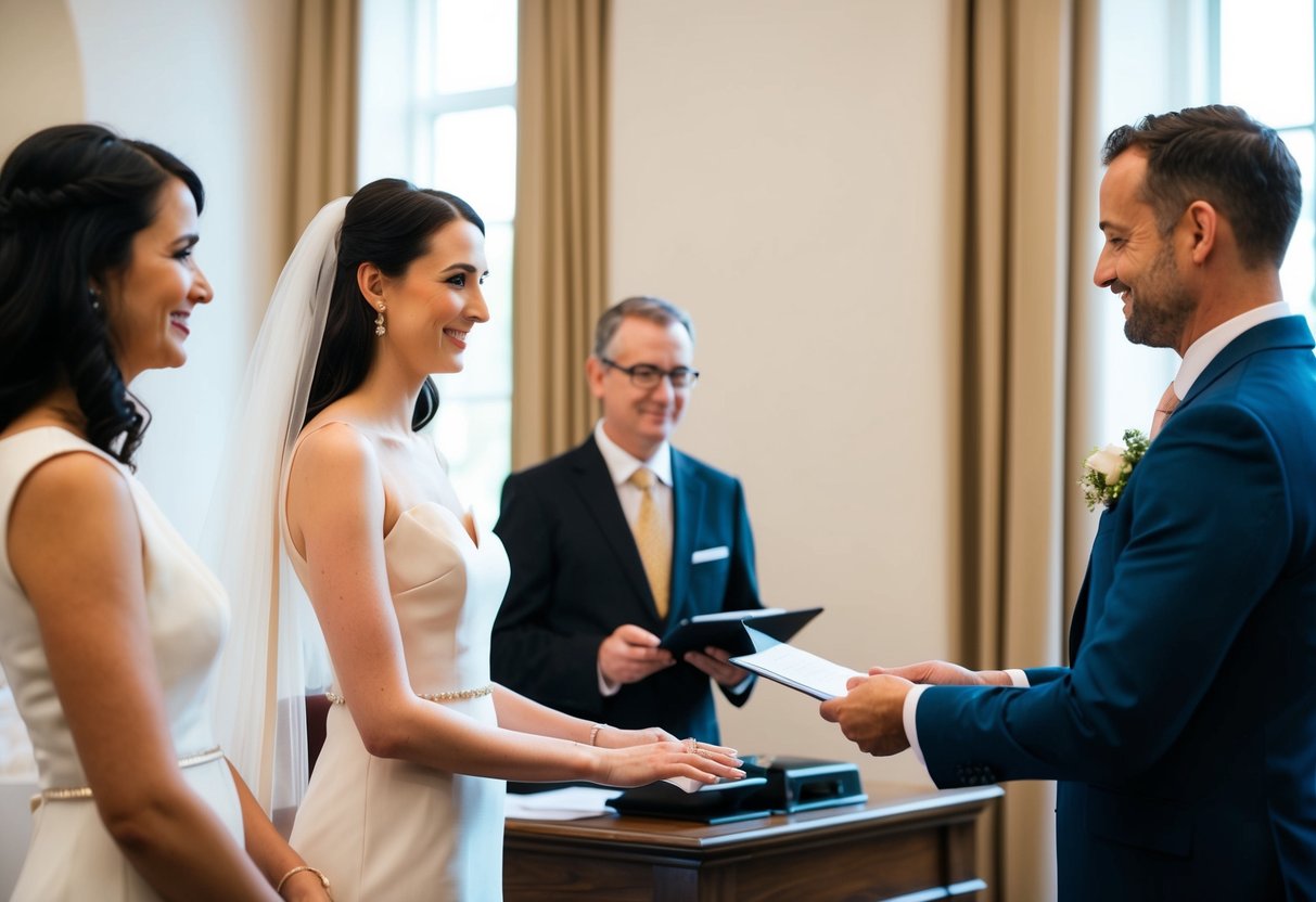 A couple stands before a registrar, exchanging vows. The bride wears a simple, elegant dress while the groom is in a smart suit. The registrar officiates the ceremony from behind a desk
