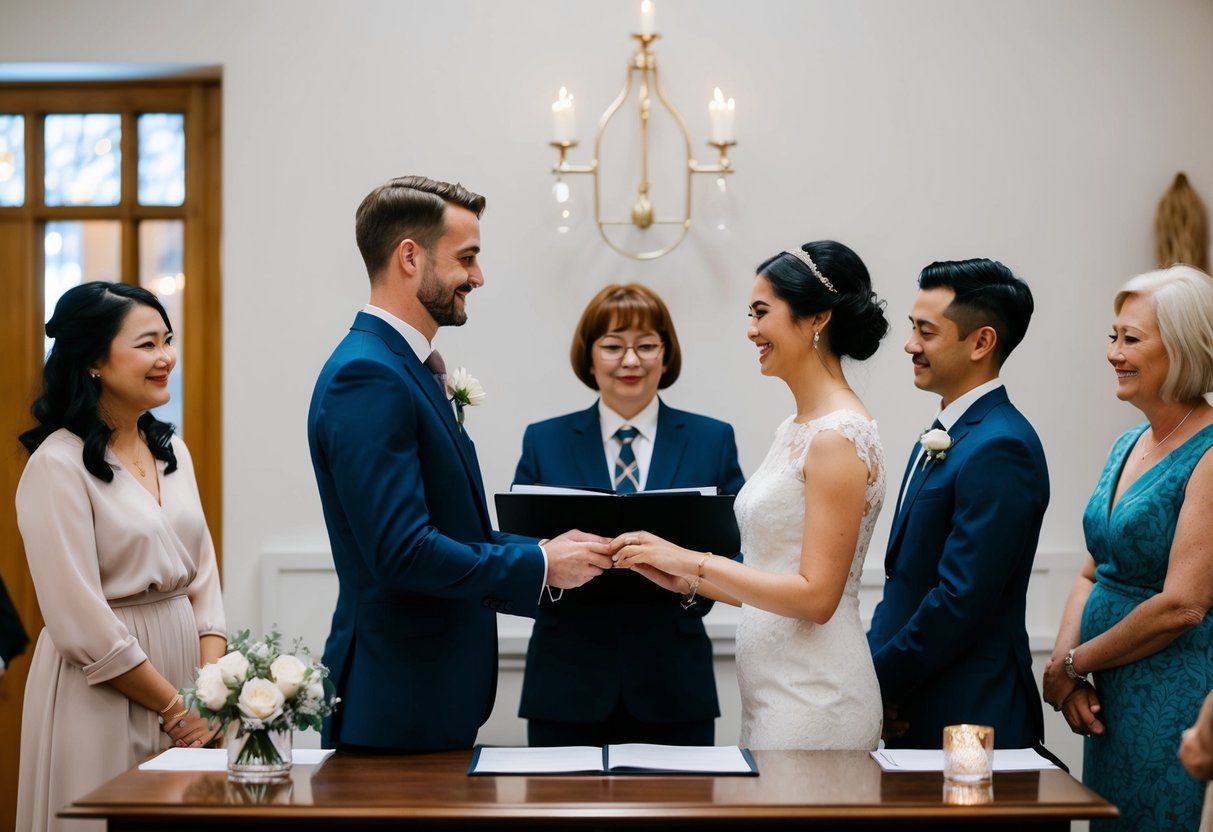 A couple stands in front of a registrar's desk exchanging vows, surrounded by simple decor and a few close family members
