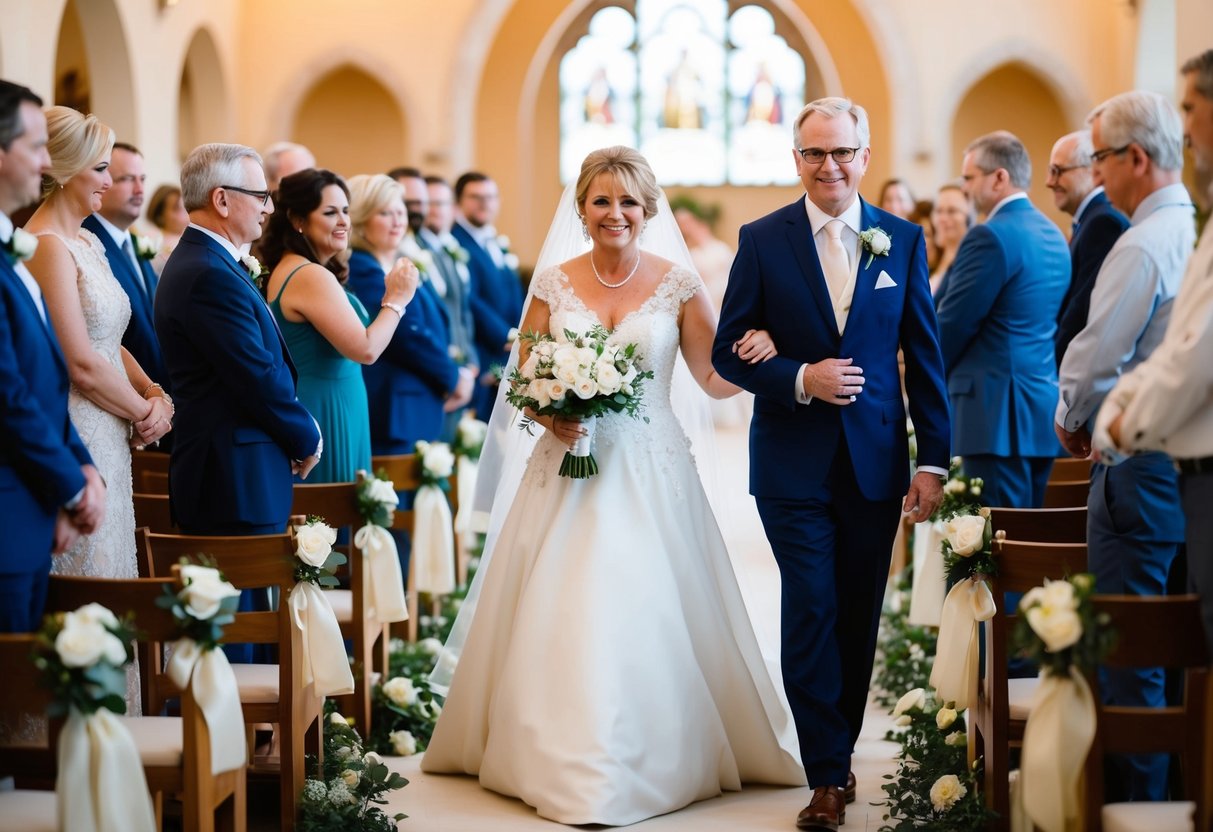 The mother of the bride walks gracefully down the aisle to the sound of soft, melodic music