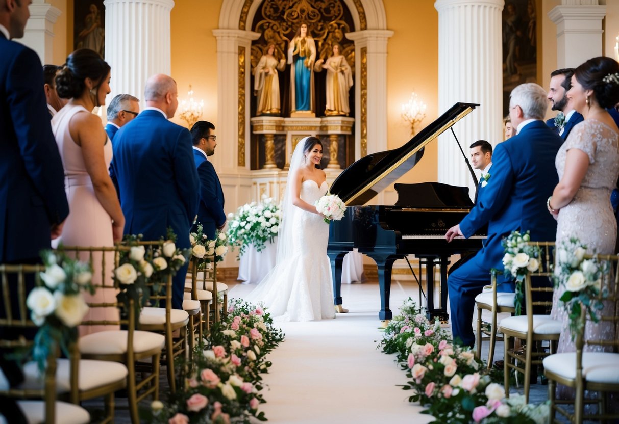 A floral-lined aisle leads to an ornate altar, where a musician plays a grand piano. The melody fills the air as guests await the bride's mother