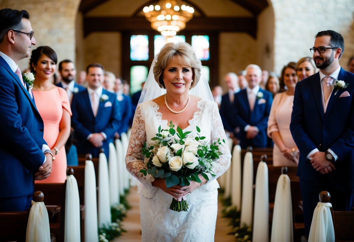 The mother of the bride walks down the aisle to music, following the designated order of the wedding processional