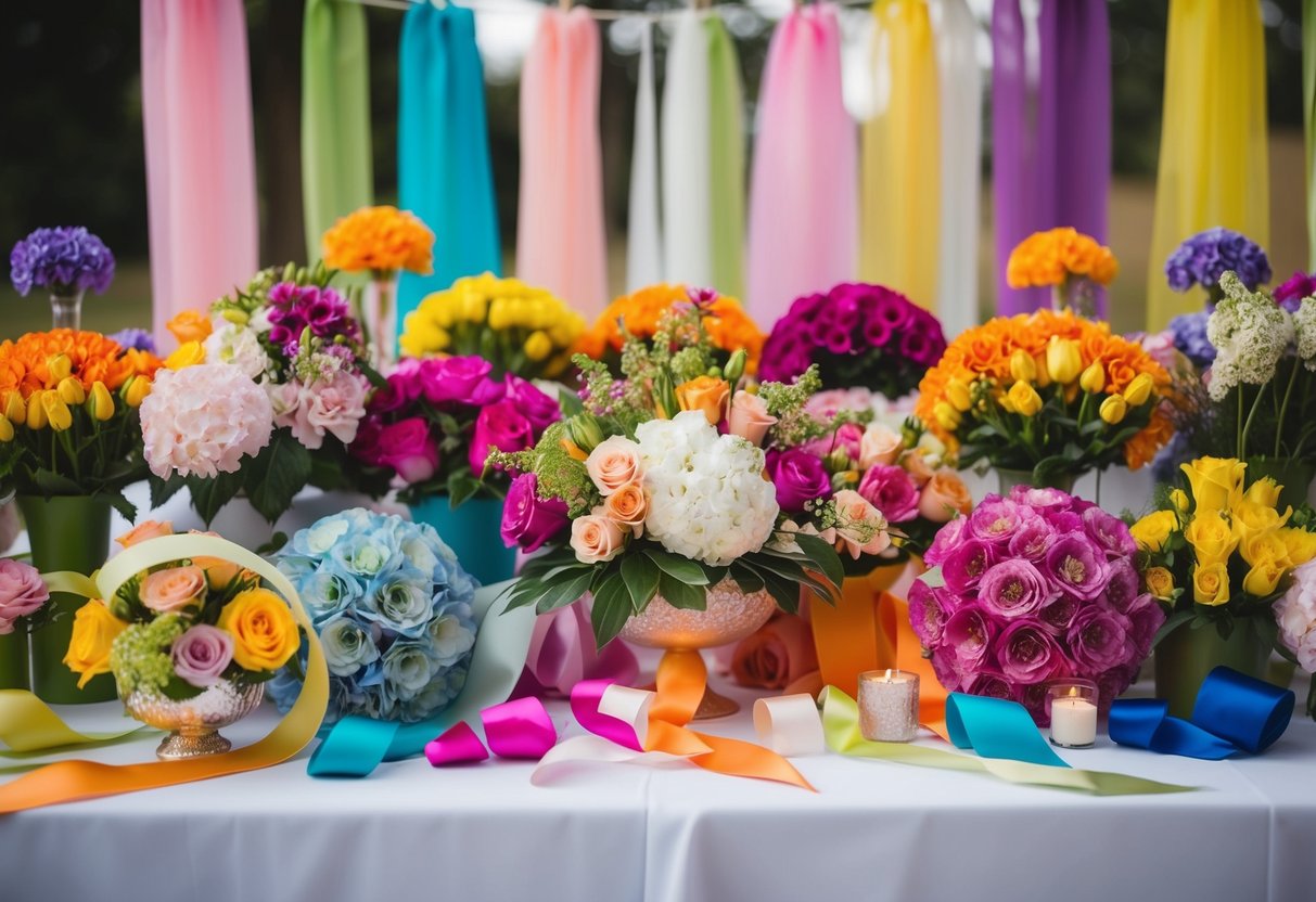 A colorful array of flowers, ribbons, and decor in shades of the wedding theme colors, arranged on a table