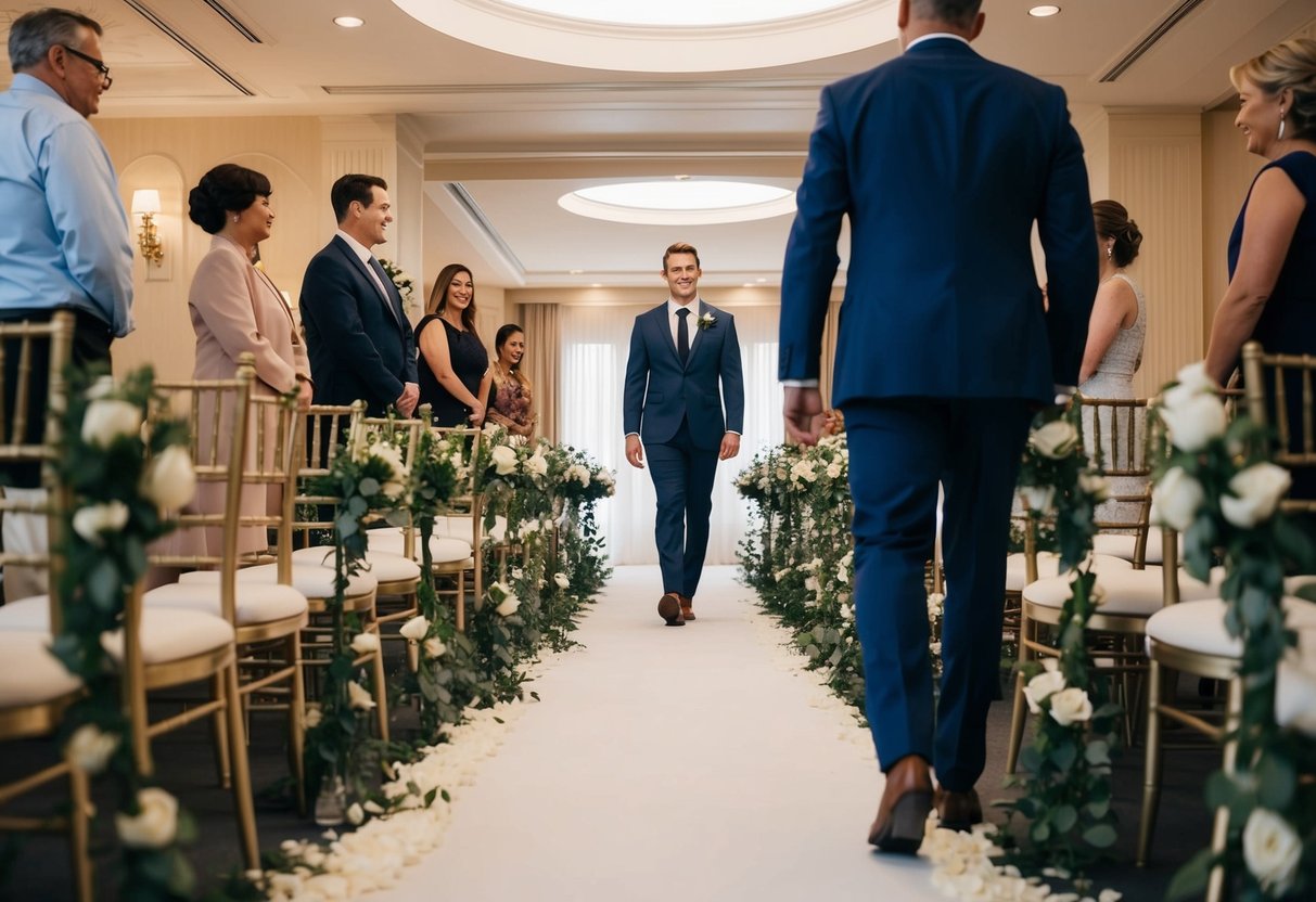 A lone figure walks confidently down a flower-lined aisle towards a waiting partner