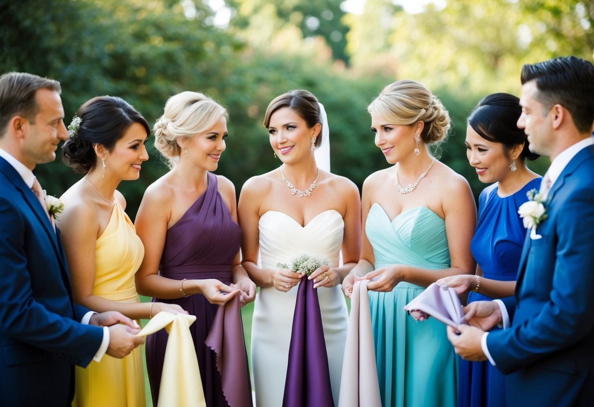 A group of wedding party members standing together, each holding a swatch of fabric in the wedding theme colors. They are discussing and comparing the different shades