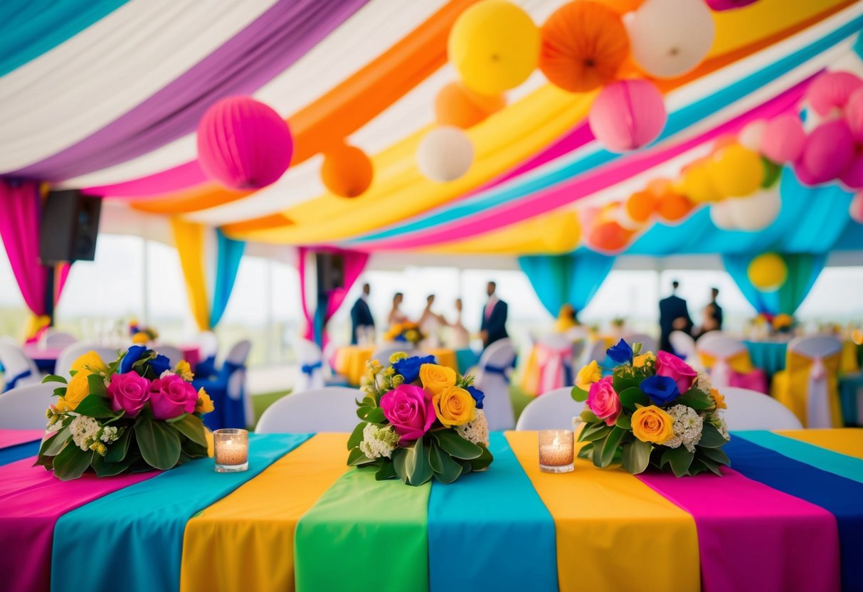 A vibrant wedding scene with coordinated colors in decor, flowers, and attire, creating a cohesive and visually appealing atmosphere