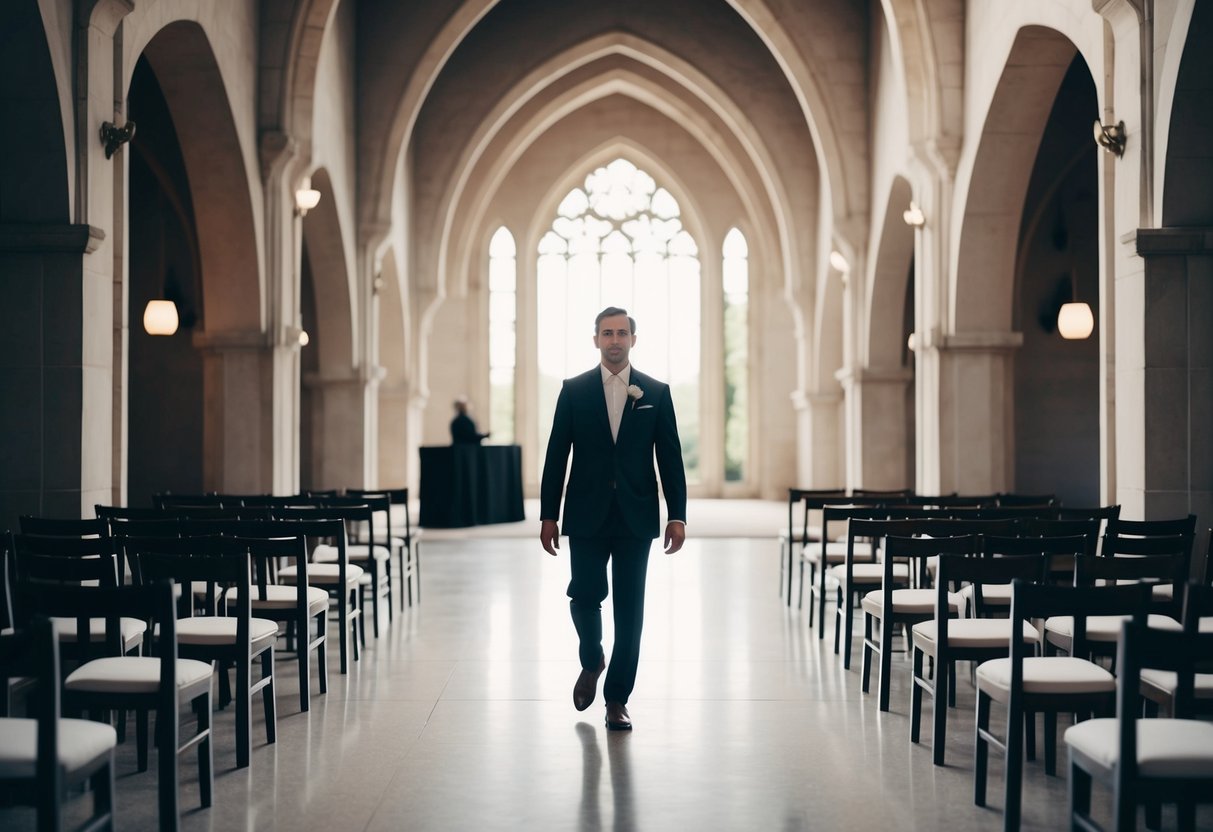 A lone figure walks confidently down an empty aisle, surrounded by towering arches and soft, glowing light