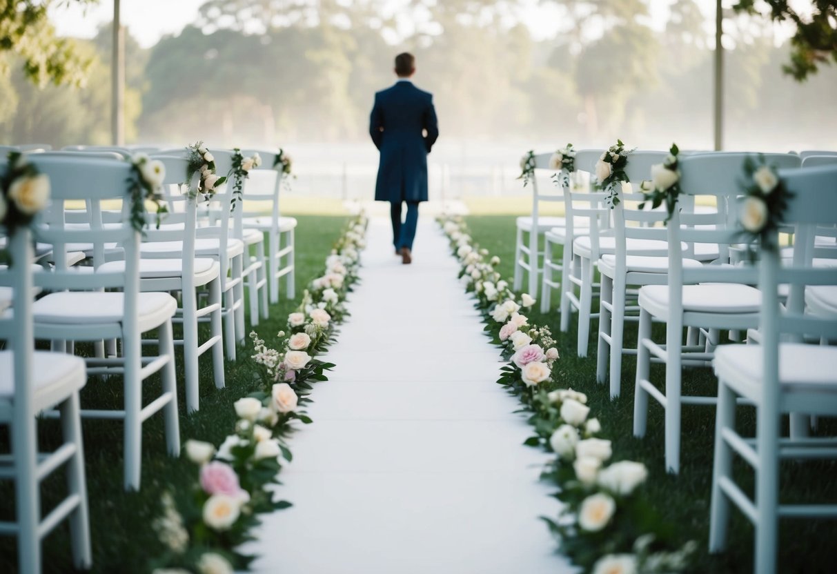 A lone figure walks down a flower-lined aisle, surrounded by empty chairs and a sense of quiet determination