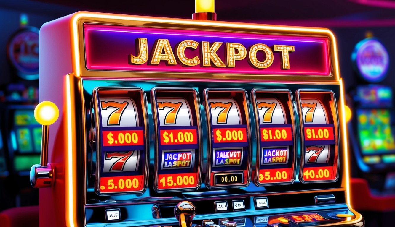 Sebuah mesin slot yang cerah dan hidup dengan lampu berkedip dan tampilan jackpot besar yang bersinar