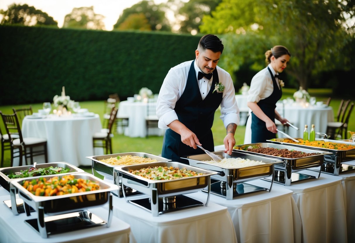 A wedding caterer sets up a buffet table with a variety of dishes and drinks. Tables and chairs are arranged neatly for guests