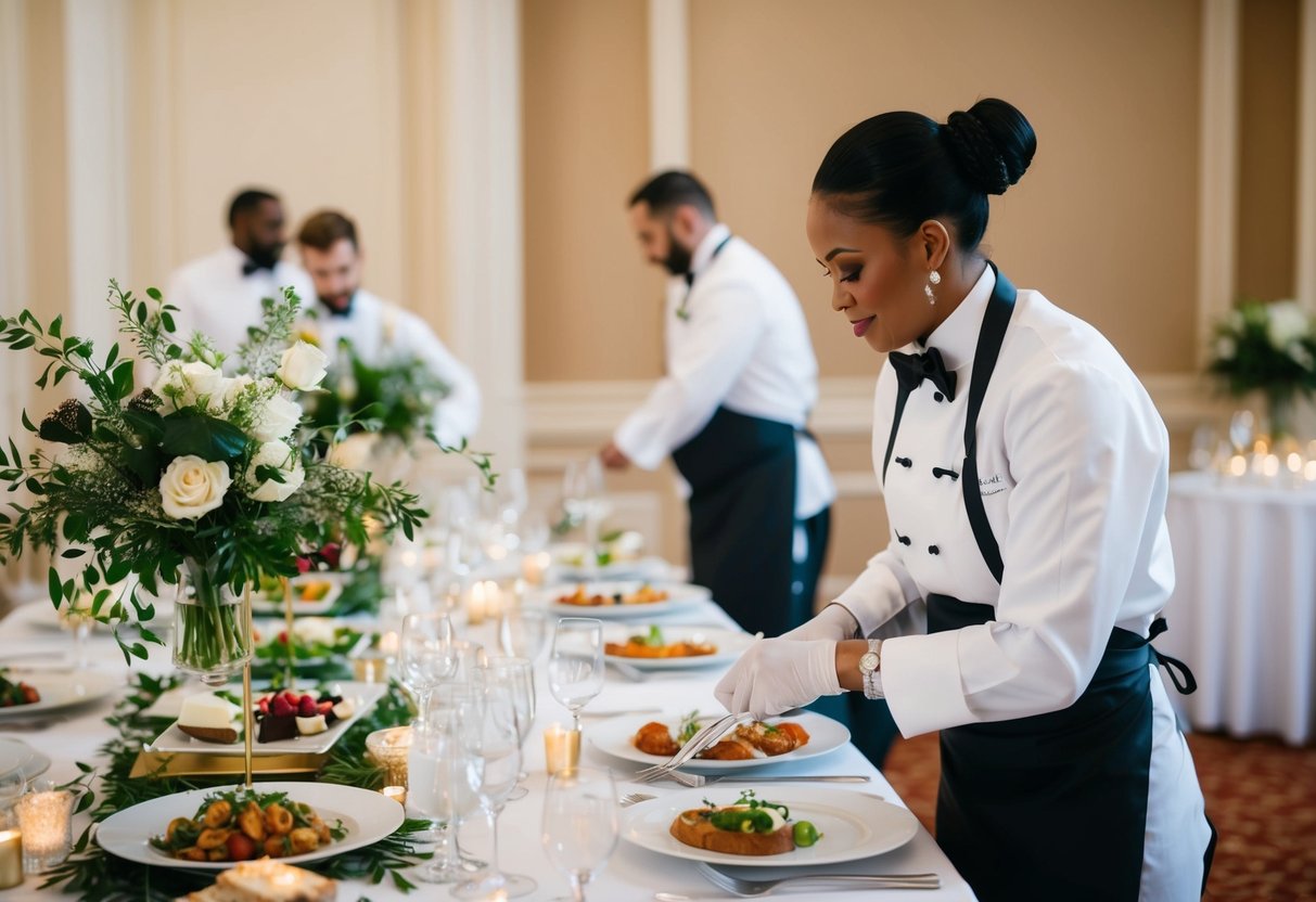 A wedding caterer setting a table with elegant place settings and food displays