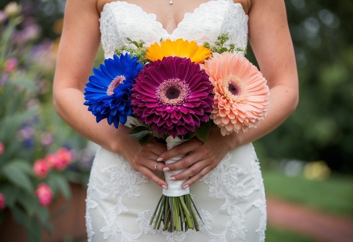A bride's bouquet with three different colored flowers