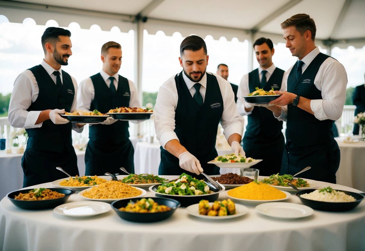 A wedding caterer arranges a table with an array of food options, while waiters stand ready to serve