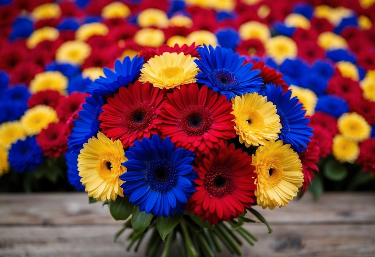 A bouquet of red, blue, and yellow flowers arranged in a harmonious pattern