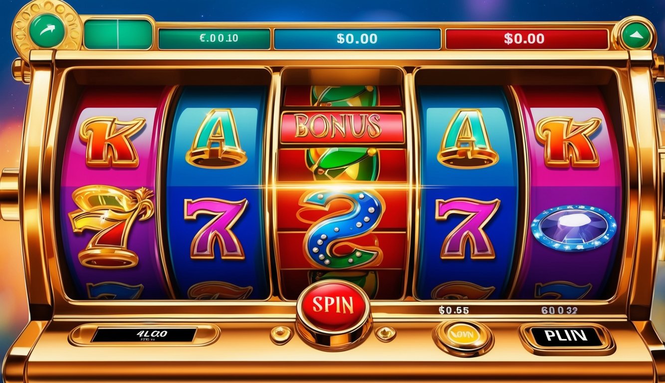 Mesin slot online berwarna-warni dengan gulungan berputar dan simbol bonus