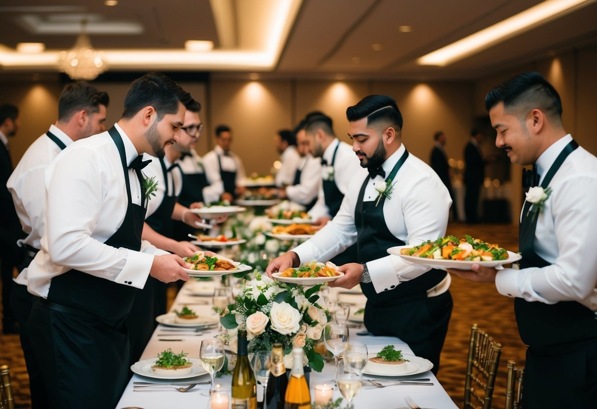 A wedding banquet with caterers serving food and drinks to guests